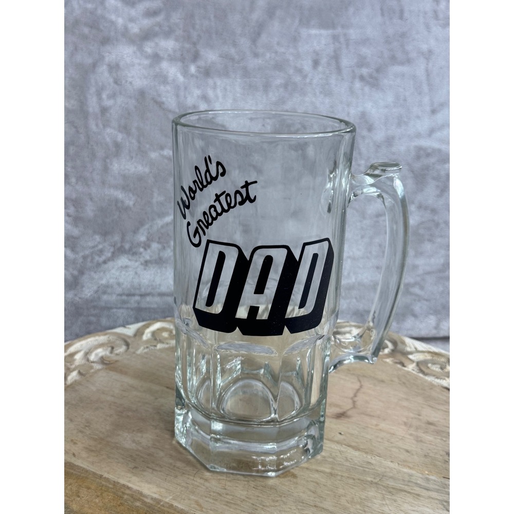 Worlds Greatest‎ DAD Glass Beer Stein Mug Clear Paneled Base Father's Day Gift